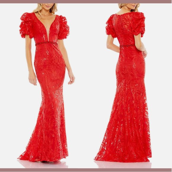 NWT $798 Mac Duggal [ 12 ] Embellished Puff Sleeve Plunge Neck Trumpet‎ Gown - Picture 1 of 15